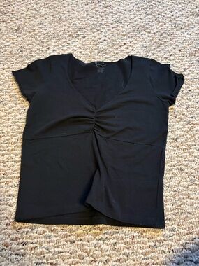 Brandy Melville Black Short Sleeve V-Neck Ruched Front Top
